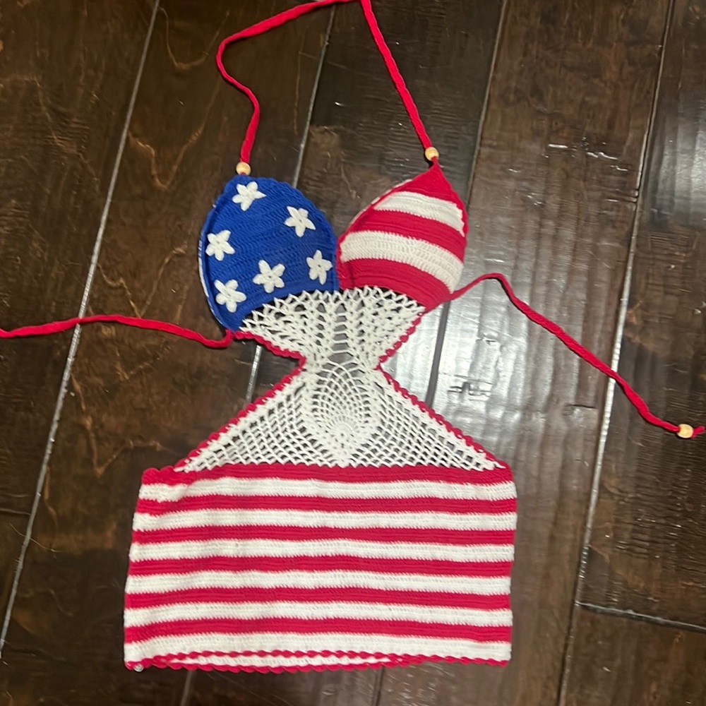 USA 🇺🇸 Flag-Inspired Crochet Swim Coverup Top - Red, White & Blue